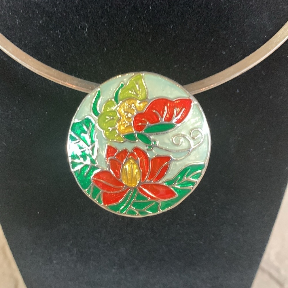Cloisonné floral pendant silver necklace - Picture 2 of 6